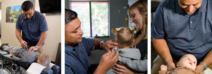 A photo grid of Christopher Moore adjusting children.
